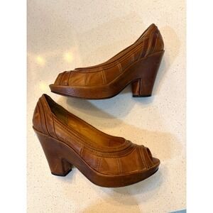 Frye brown leather peep toe platform heels